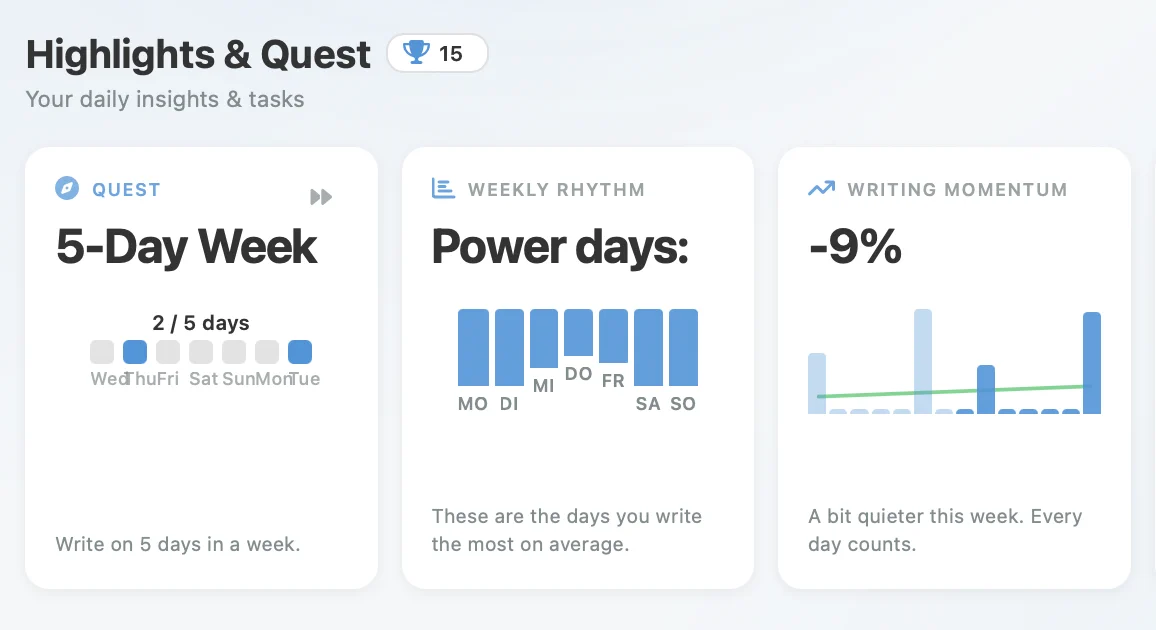WritersAlley writing streak and daily quests: habit tracker with streak counter, daily goal progress, and quest completion for authors.